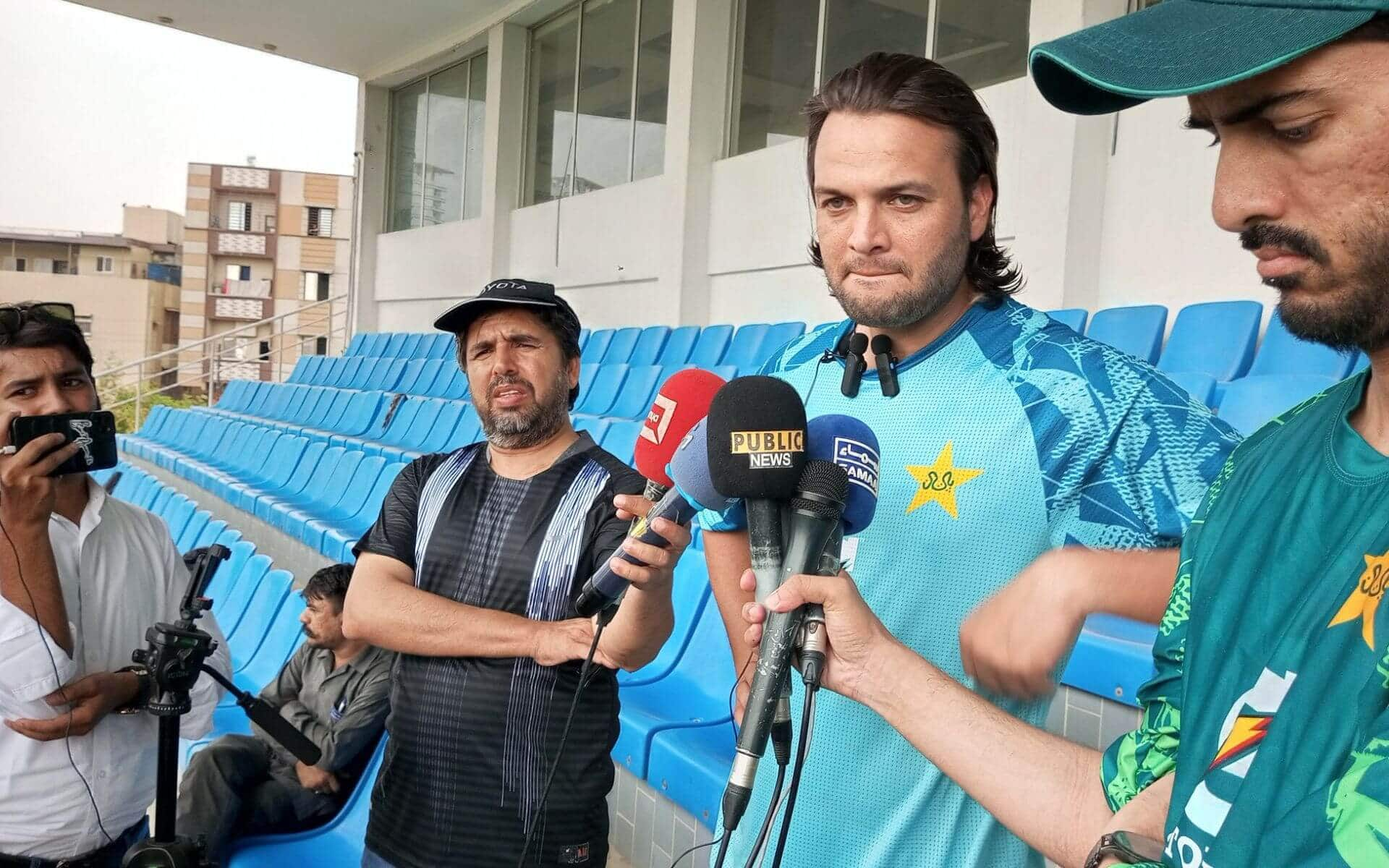 Usman Qadir talking to media during practice [X.com]